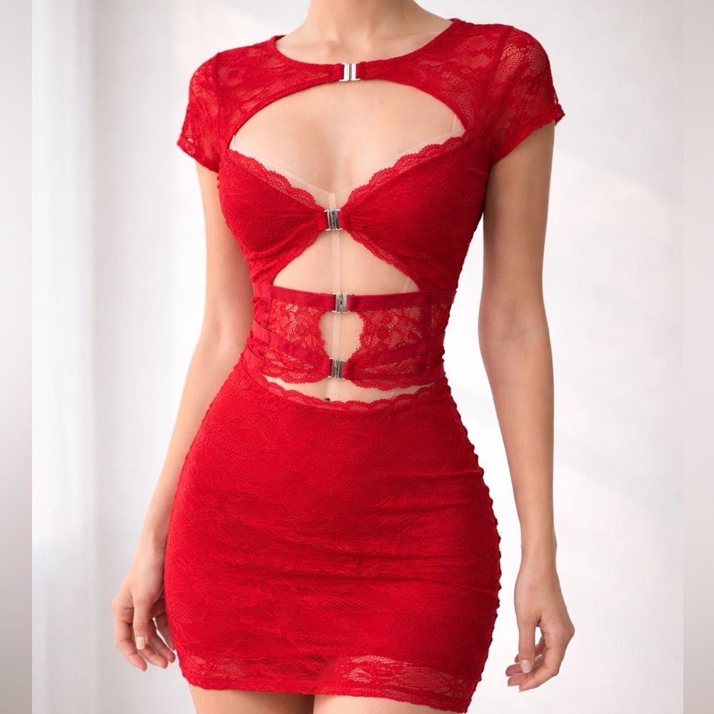 Blanc Clothing Red Lace Cutout Bodycon Dress | Size L